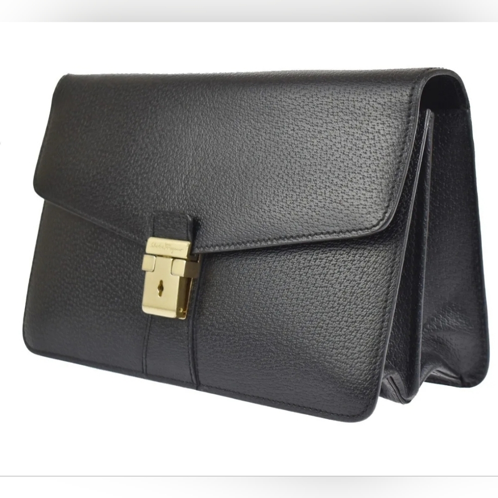 SOLD!!! SALVATORE FERRAGAMO Logo Clutch Hand Bag Leather Black GD Made In Italy